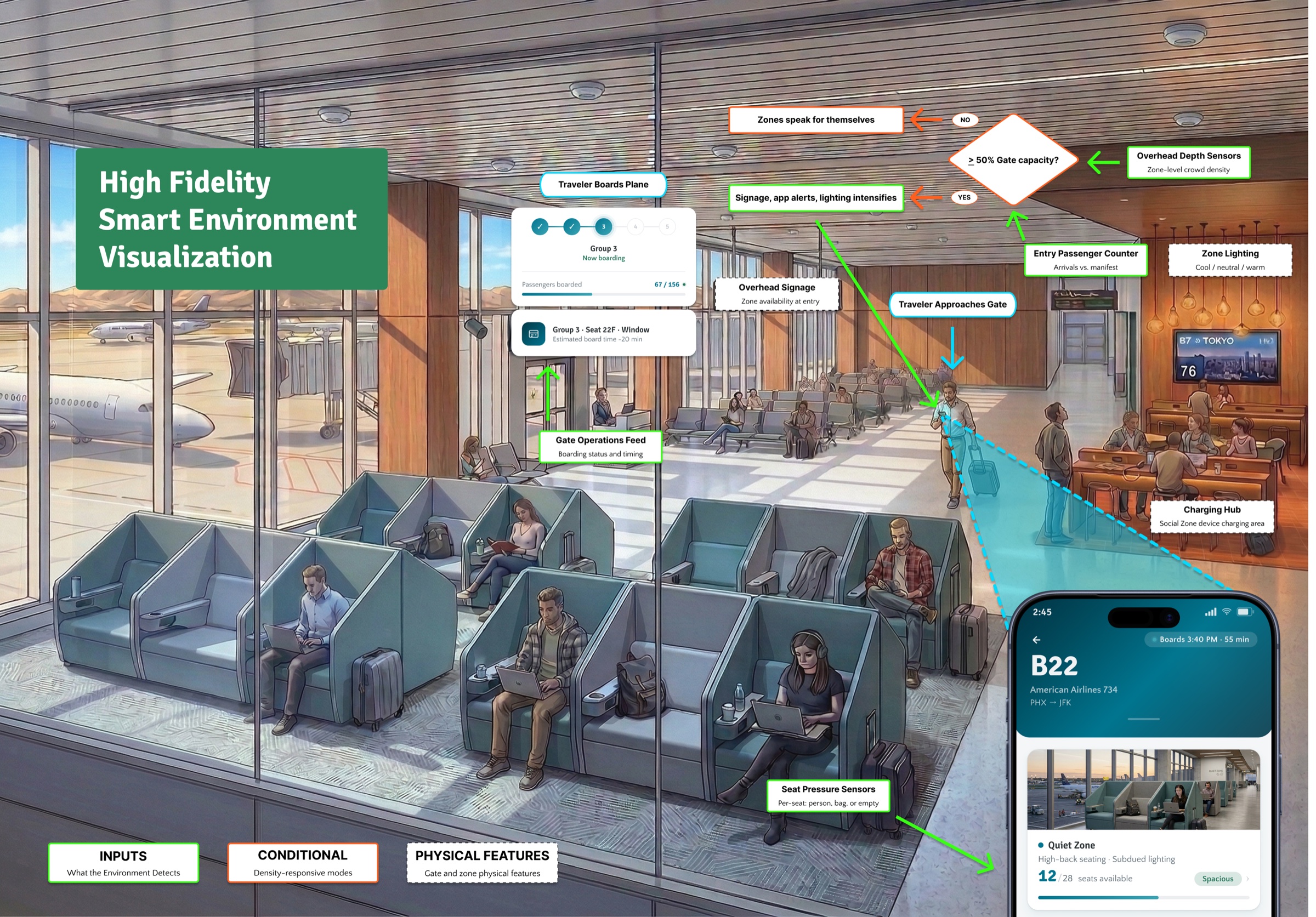 V1 annotated system view of the smart environment: overhead depth sensors, entry passenger counter, seat pressure sensors, zone lighting, gate operations feed, density logic, and the companion app.